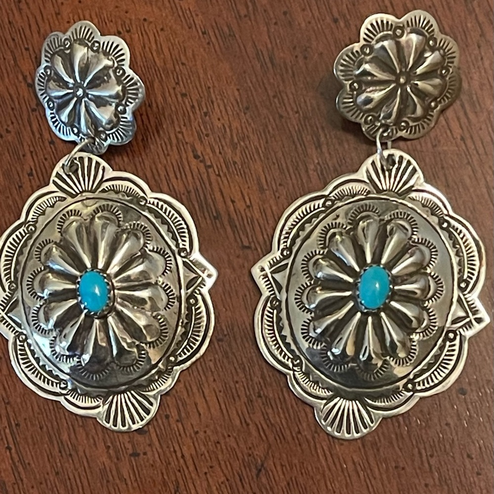 Genuine handcrafted Navajo sterling & turquoise earrings. Original price of $349